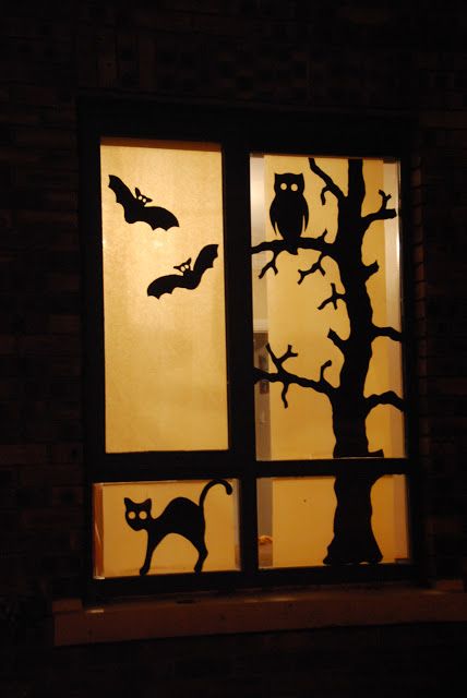 a window with a cat and bats on it