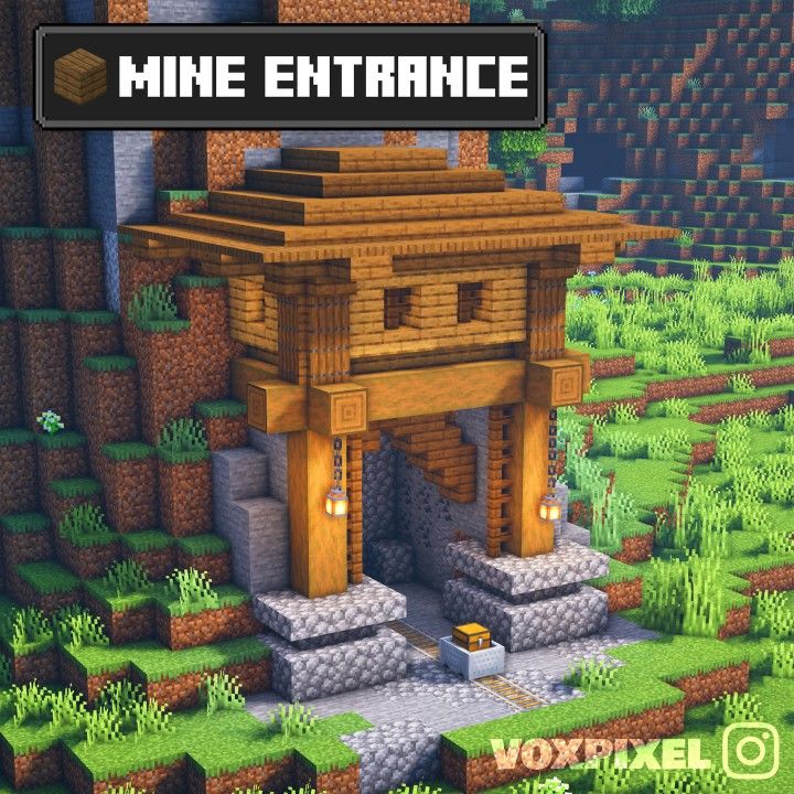 an image of a minecraft house in the middle of some trees and grass with text overlay that says mine entrance