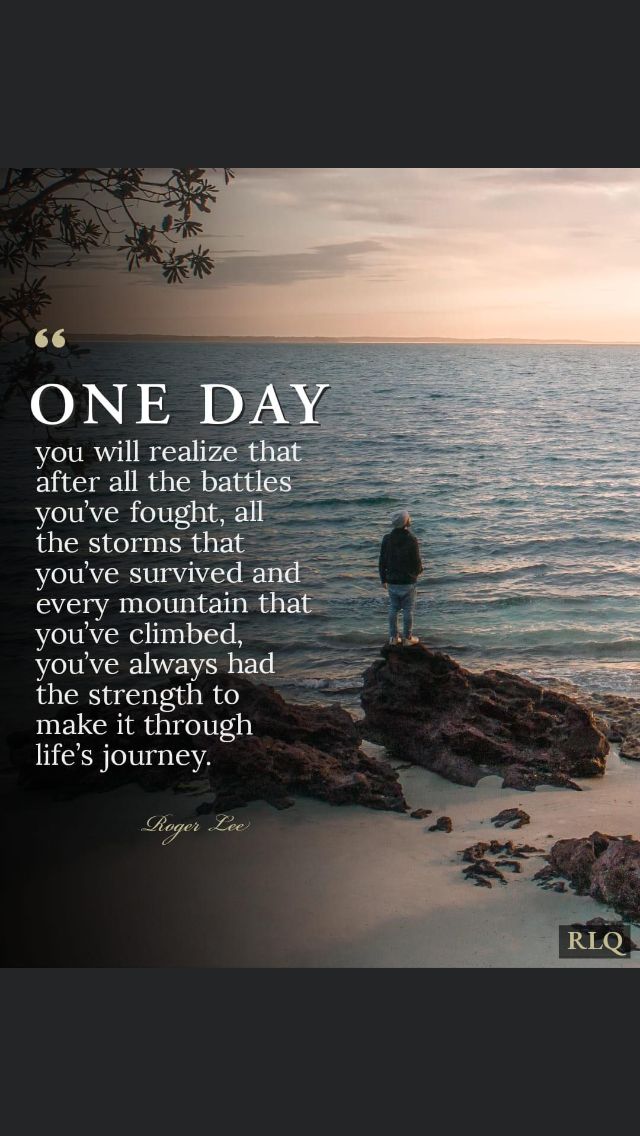 a person standing on top of a rock near the ocean with a quote about one day