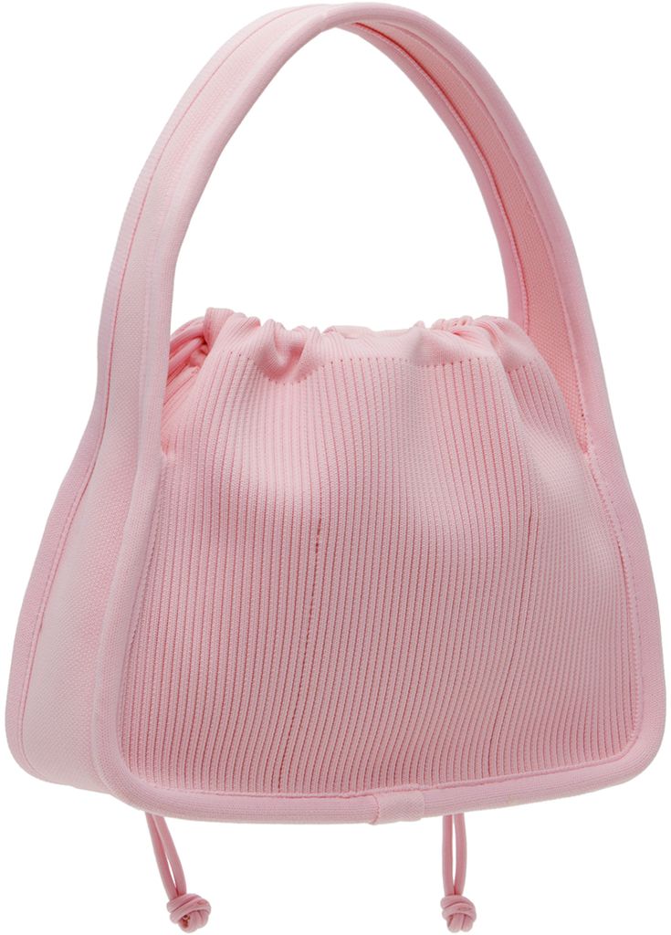 Rib knit shoulder bag in pink. · Integrated shoulder strap · Logo bonded at face · Drawstring closure · Patch pockets at interior · Unlined · H8 x W10 x D3.25 Supplier color: Light pink Pink Crossbody Bucket Bag With Detachable Handle, Pink Top Handle Bucket Bag With Detachable Strap, Pink Bucket Bag With Adjustable Strap And Top Handle, Pink Pouch Bucket Bag For Evening, Modern Pink Bucket Bag With Detachable Handle, Pink Double Handle Satchel For Evening, Modern Pink Satchel With Handles, Pink Evening Pouch Bucket Bag, Pink Double Handle Evening Satchel