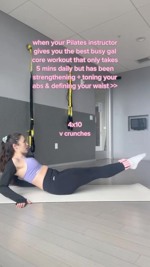 a woman is doing an exercise on a mat with the words, when your pilates instructor gives you the best busy goal to core workout that only takes 5 minutes