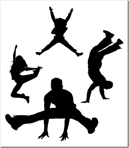 four silhouettes of people jumping in the air with their hands up and legs spread out