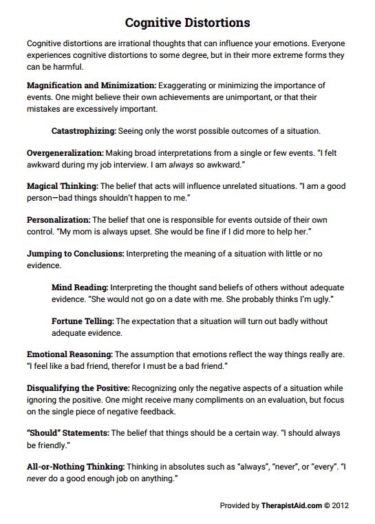 Cognitive Distortions Preview Cognitive Distortions Worksheet, Irrational Thoughts, Counseling Techniques, Cbt Therapy, Relapse Prevention, Cognitive Therapy, Cognitive Behavior, A Pill, Counseling Activities