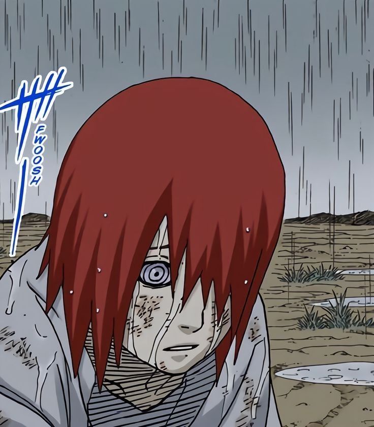 an anime character with red hair standing in the rain