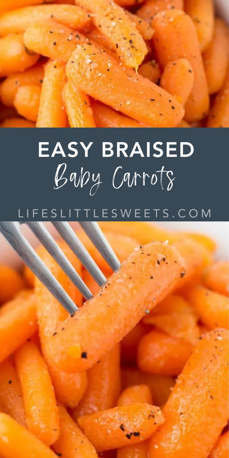 baby carrots that have been cooked and are being held up by a fork with the words, easy braided baby carrots