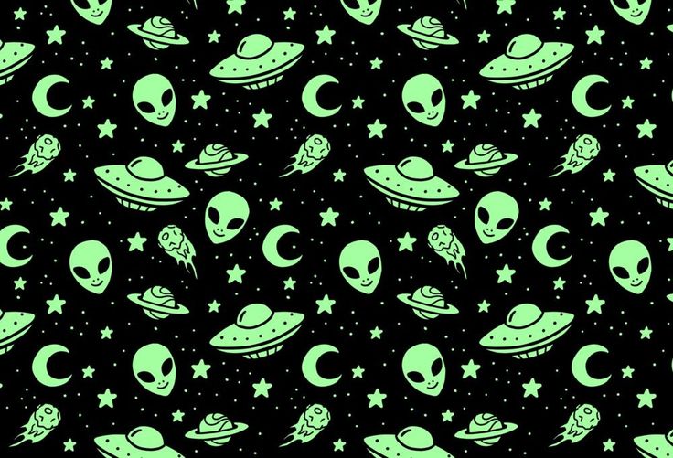 an image of aliens and stars in the night sky with green glow on black background