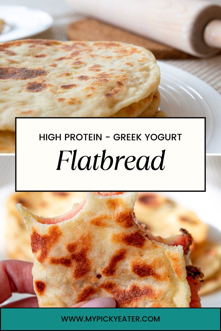 a close up of food on a plate with the words high protein greek yogurt flatbread