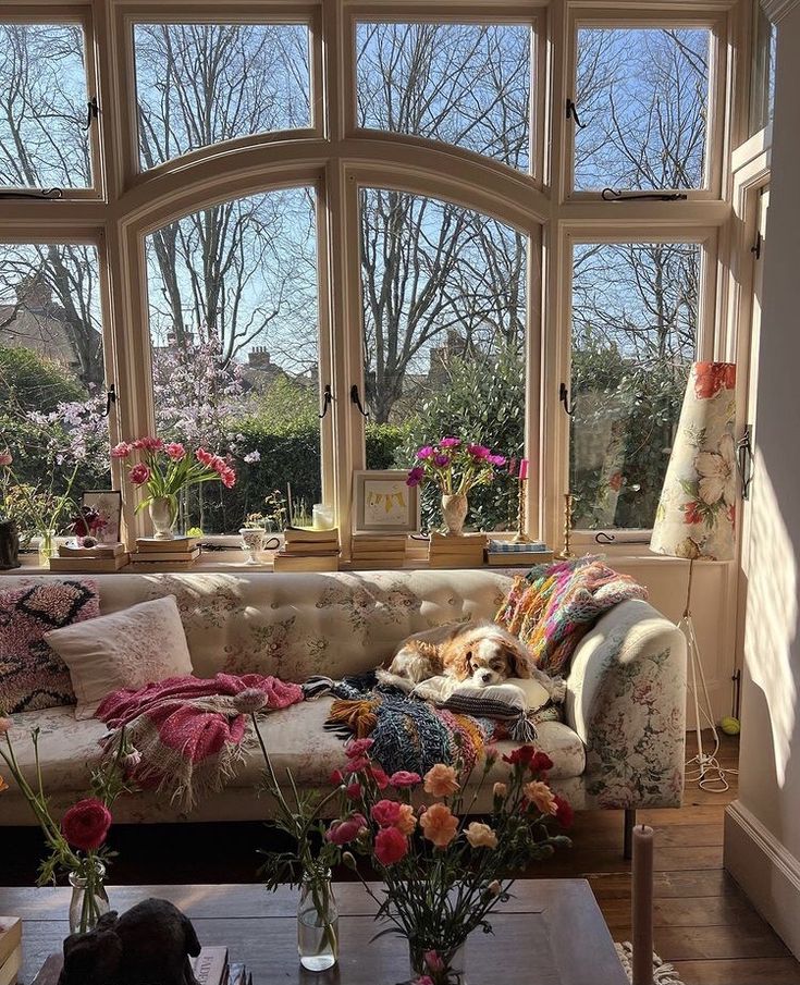 a living room filled with furniture and lots of windows