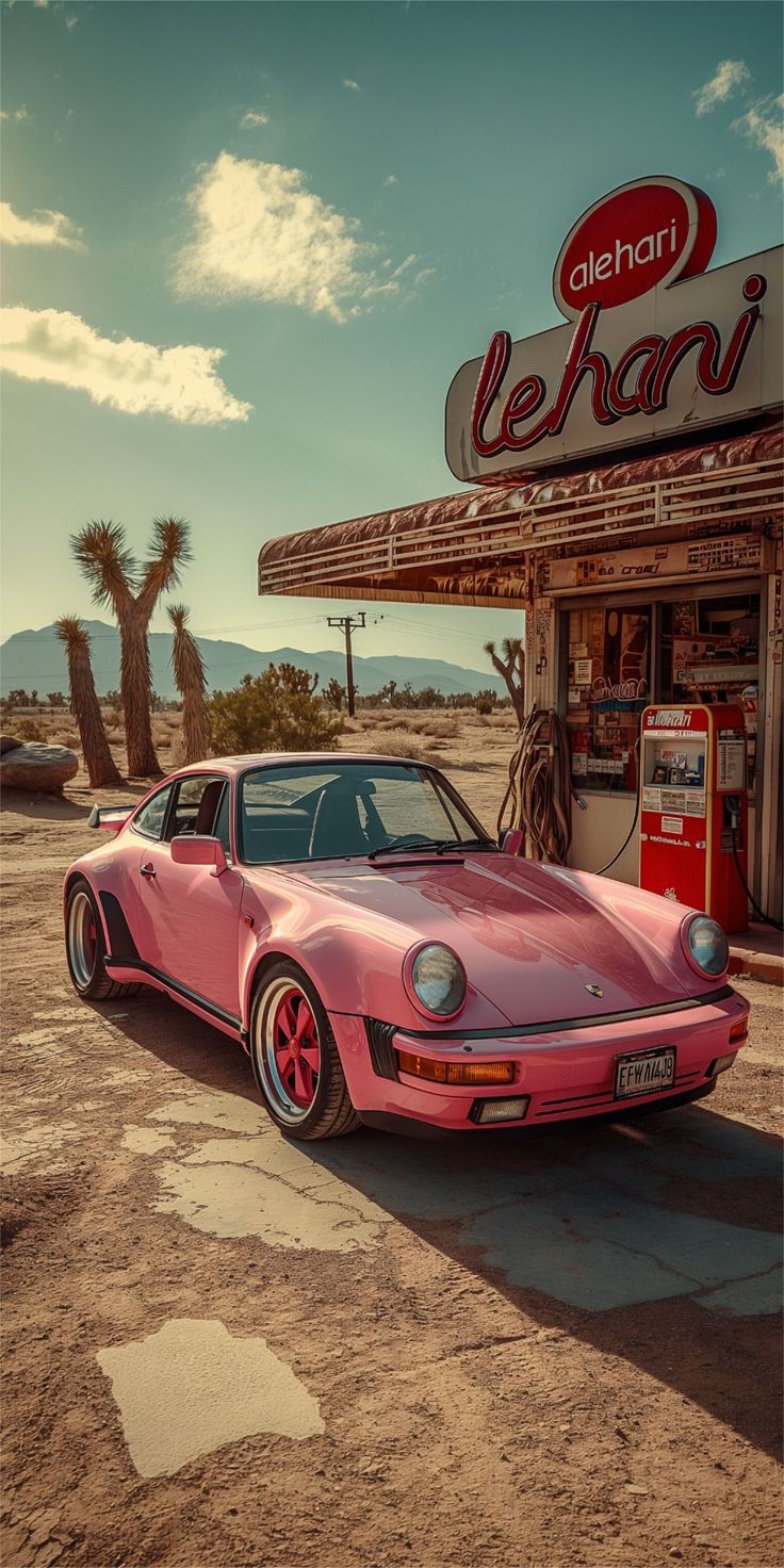 a pink car parked in front of a gas station