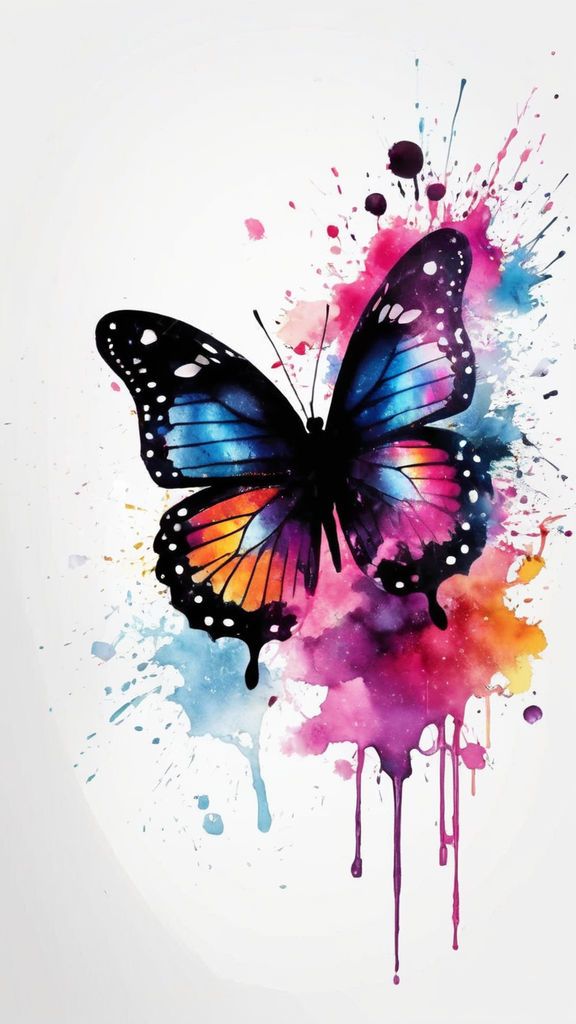 a butterfly painted in watercolors on a white background with paint splatters