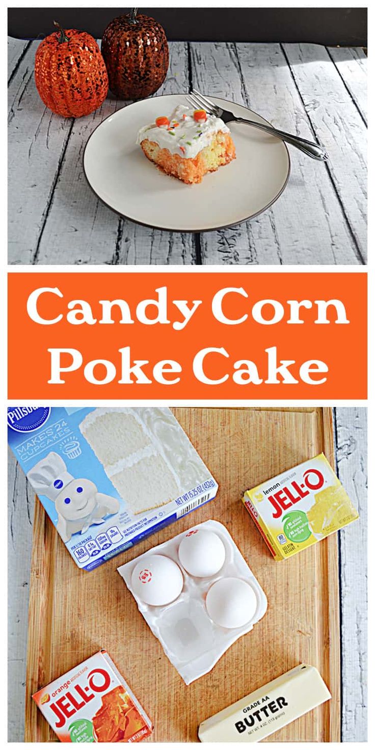 the ingredients for a candy corn poke cake