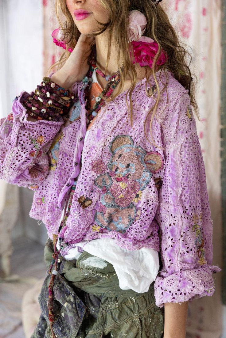 The freedom to dream is elemental to humanity - play as a sort of prayer, peaceful spaces of cloud-contemplation; with embroidered innocence upon candy floss purple, our Lil’ Friends Crop Leni Jacket inspires an always-accessible sense of imagination. European Cotton Patchwork Eyelet Embroidery Metal Snaps at Front Each Magnolia Pearl item is cut "One Size Fits Most". Please contact our Creative Team for measurements. Magnolia Pearls, Magnolia Pearl Clothing, Eyelet Embroidery, Candy Floss, Magnolia Pearl, Animal Embroidery, Fabric Projects, Glam Dresses, Upcycled Vintage