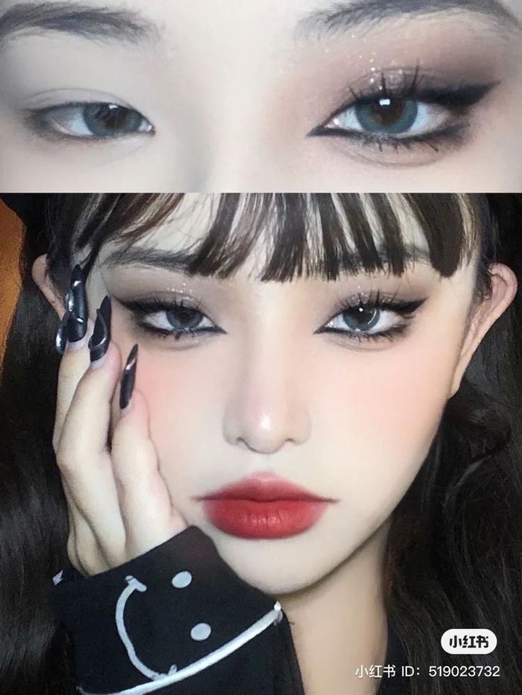 Hooded Eye Black Makeup, Dark Douyin Eye Makeup, Asian Goth Makeup Tutorial, Asian Hooded Eyes Makeup, Douyin Makeup Dark Eyes, Douyin Makeup For Hooded Eyes, Douyin Goth Makeup, Dark Makeup Hooded Eyes, Douyin Black Makeup