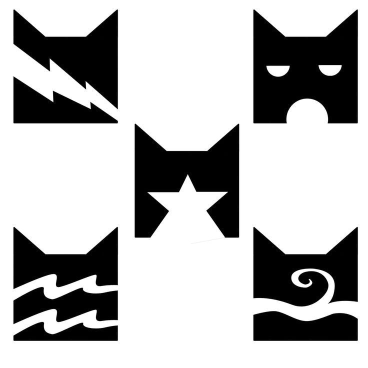 four black and white images of cats with different faces, one has a star in the middle