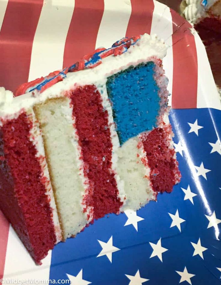 a piece of cake with red, white and blue frosting