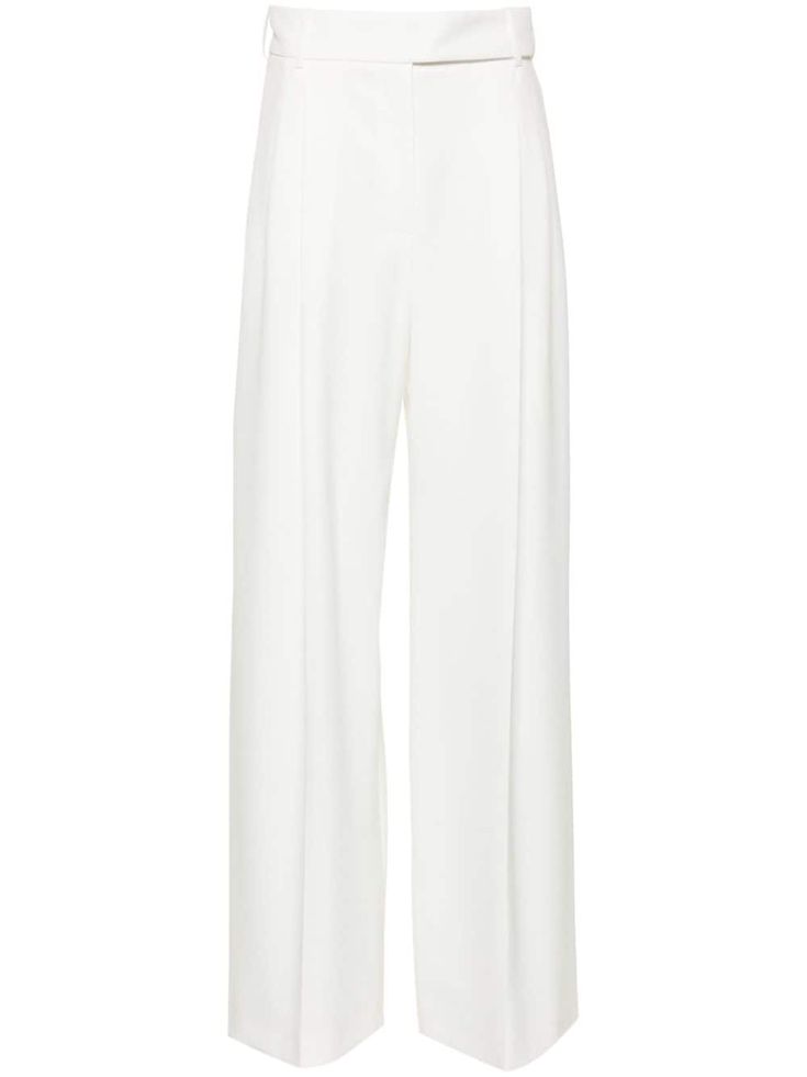 off-white stretch-design crepe texture dart detailing pressed crease high waist belt loops concealed front fastening two diagonal pockets to the sides palazzo design wide leg Palazzo Design, Palazzo Designs, Crepe Trousers, Trousers White, Alexandre Vauthier, Waist Belt, Dart, Bottoms Pants, Wide Leg Pants