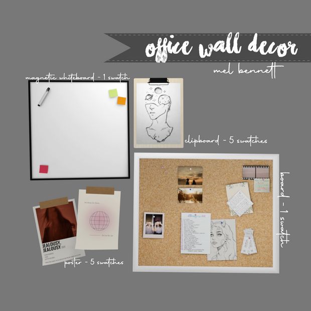 an office wall decor with pictures, memos and other things to draw on it