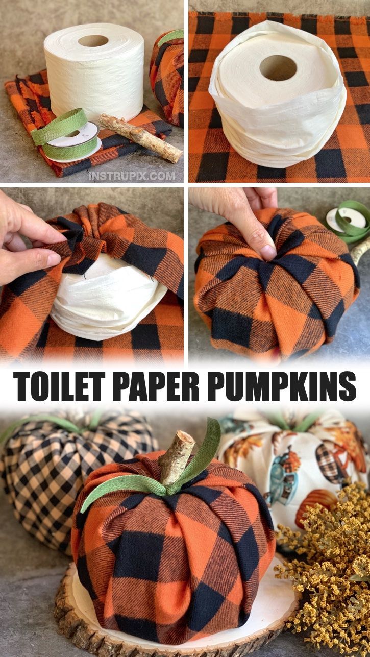 the steps to make a toilet paper pumpkin with plaid fabric and twine spools