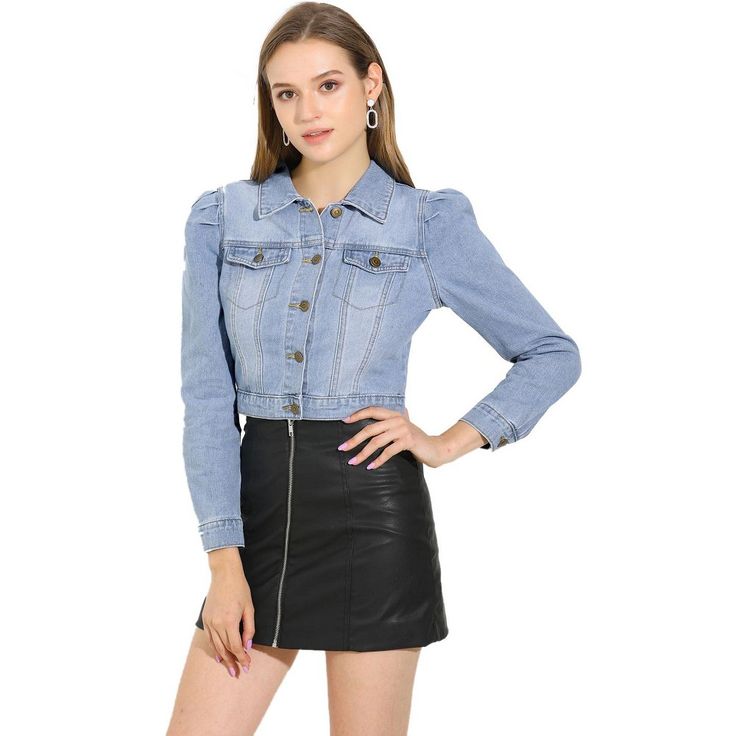 This is a fit H-shaped denim jacket with a lapel collar. It is made of thick and warm denim fabric, which bes soft and comfortable after washing. The front center uses a button door to open and close with a regular lapel, which is very simple and practical. The front symmetrical chest pocket and puff sleeve design add elegance and romance. It is suitable for 18-35-year-old light mature group to go to get off work, go shopping and make appointments. This Denim Jacket is the perfect lightweight ja Trendy Fitted Denim Top With Pockets, Trendy Fitted Collared Denim Top, Fitted Blue Denim Top For Fall, Blue Slim Fit Outerwear For Fall, Casual Fitted Cropped Jacket With Pockets, Trendy Fitted Denim Jacket For Workwear, Fitted Denim Blue Jacket For Fall, Fitted Denim Blue Top For Fall, Fitted Collared Denim Jacket In Denim Blue