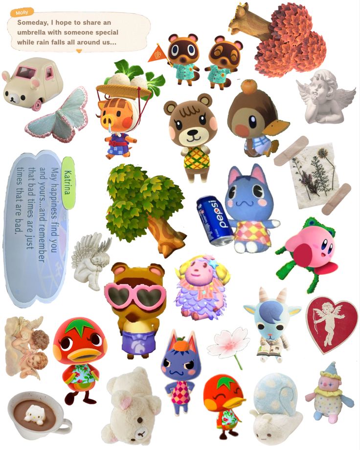 many different types of stuffed animals on a white background