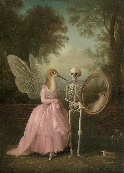 a painting of a skeleton and a girl in pink dress holding a mirror to their face