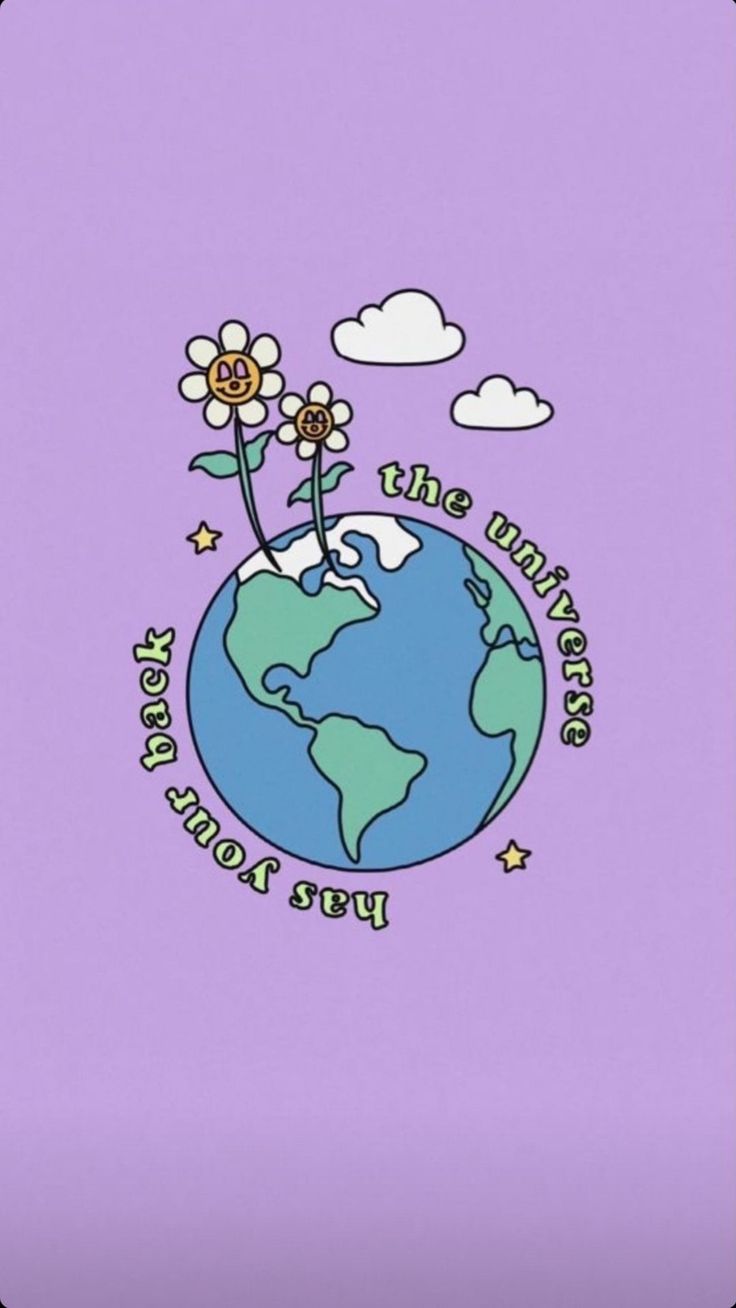 the earth has flowers growing out of it's top and is purple with white clouds