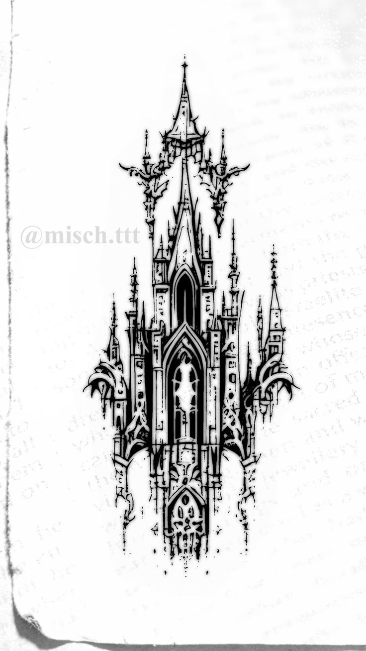 a black and white drawing of a castle with bats on it's spires