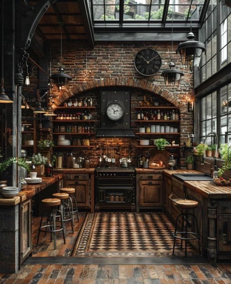 an old - fashioned kitchen with brick walls and wooden floors