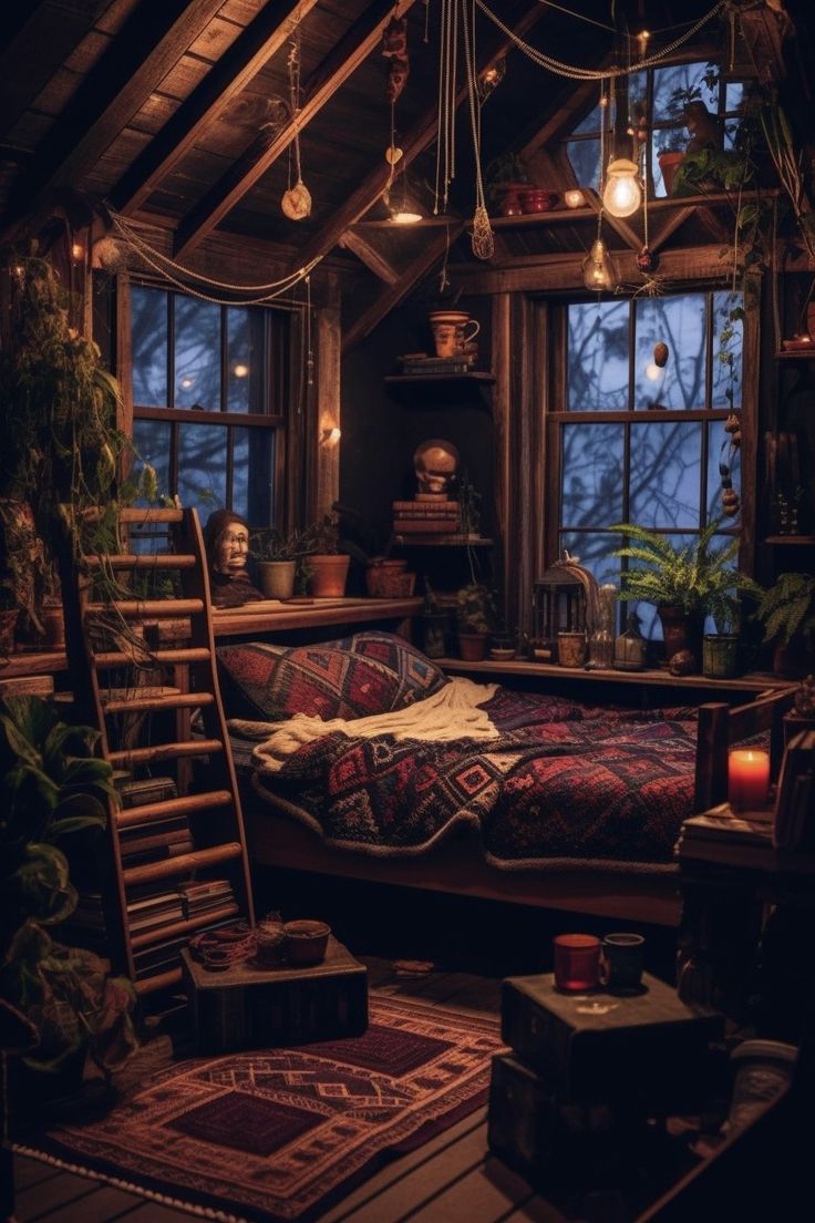 a bed sitting under a window next to a stair case in a room filled with plants