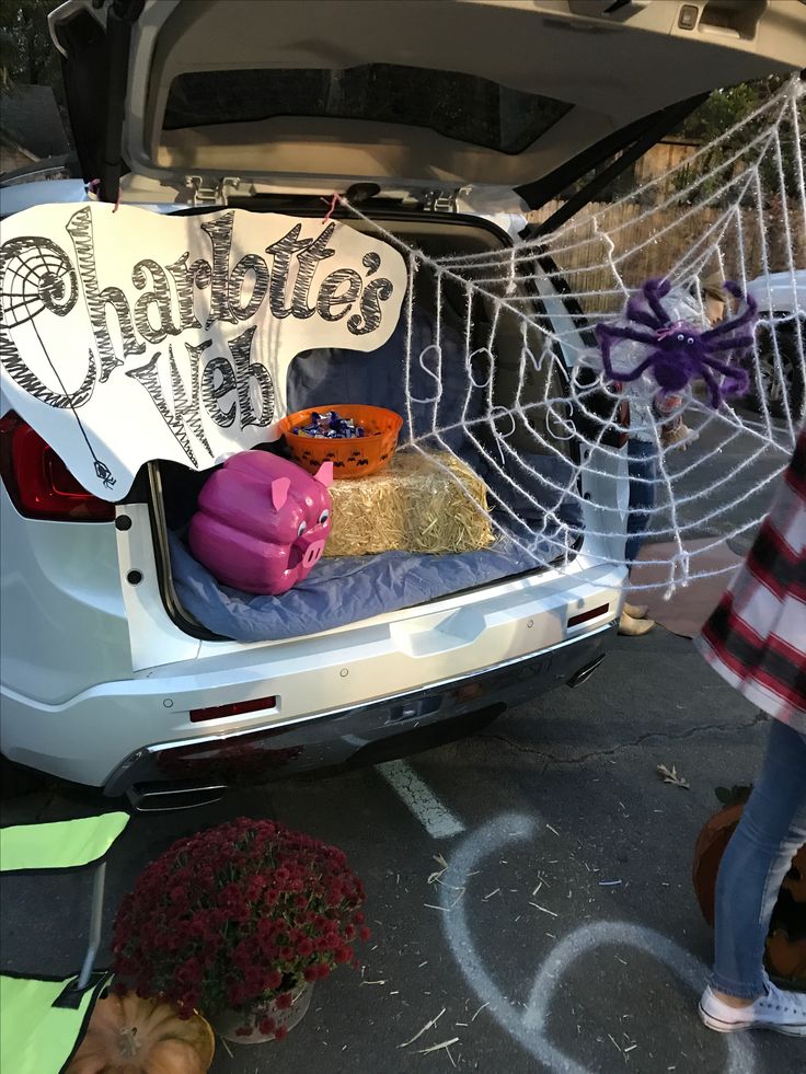 the trunk of a car with stuffed animals in it and a spider web on the back