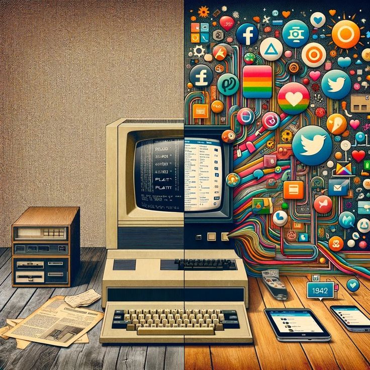 an old computer sitting on top of a wooden table next to stacks of books and papers