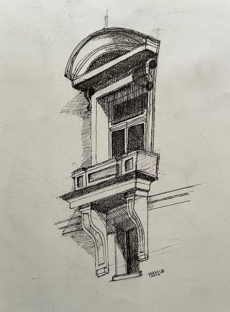 a drawing of a building with a clock on it