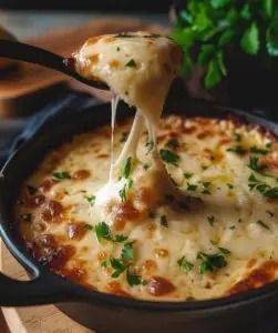 a spoon full of cheese being lifted from a casserole dish with parsley