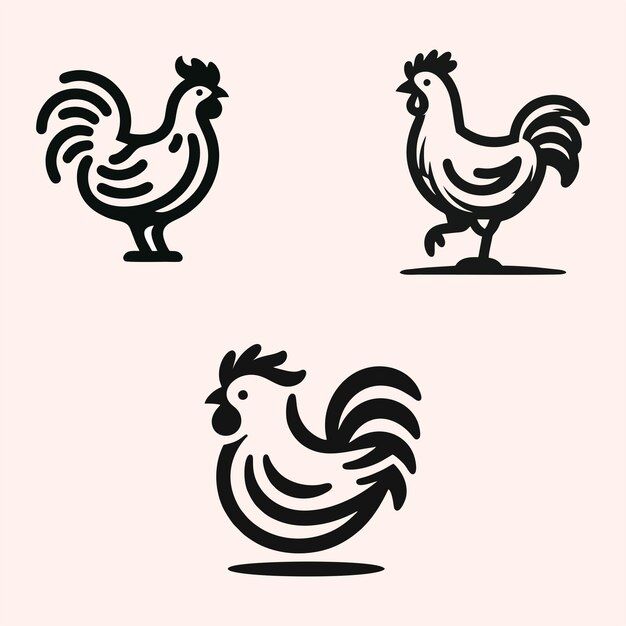 three black and white roosters are standing side by side on a light pink background