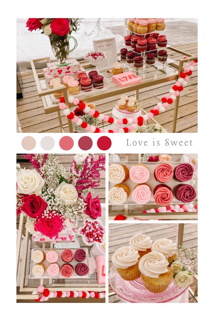 an assortment of cupcakes and pastries on display at a wedding or bridal party