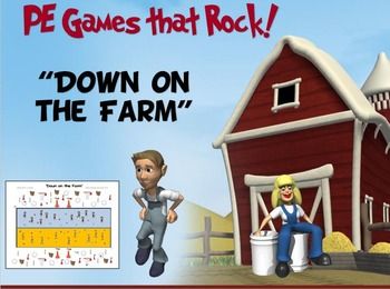 an image of a farm scene with the words pe games that rock down on the farm