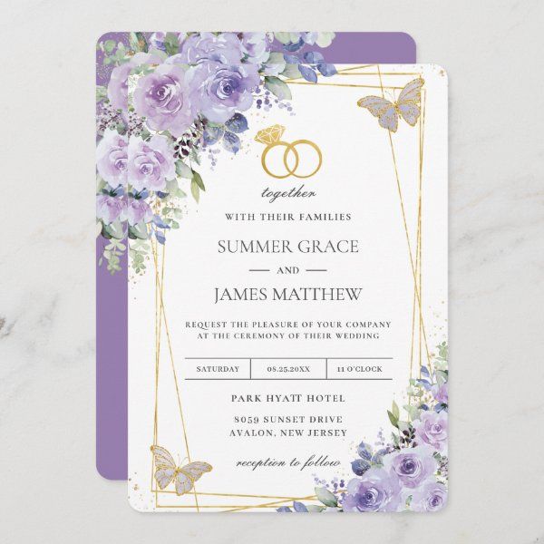 wedding card with purple flowers and gold rings