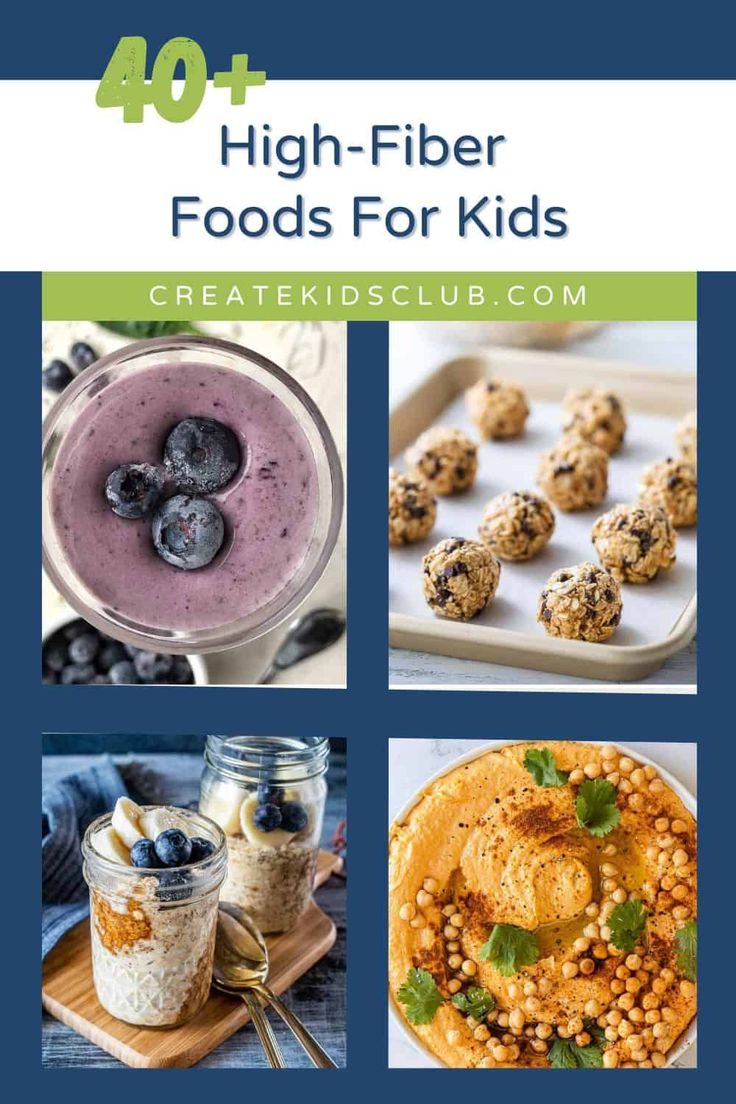 four pictures with the words high fiber foods for kids on them, including blueberries and oatmeal