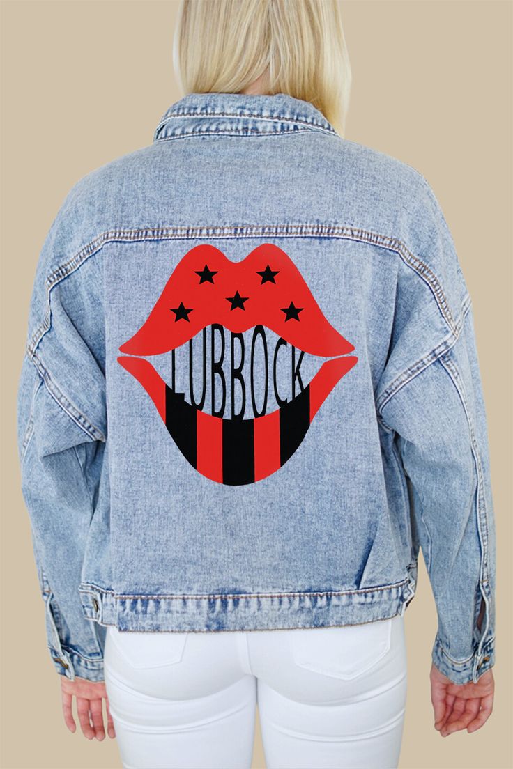 Officially licensed by Texas Tech University Runway Denim, Dark Wash Denim Jacket, 130 Pounds, Texas Tech University, Printed Denim Jacket, Game Day Outfit, Print Denim, Black Lips, Black Artwork