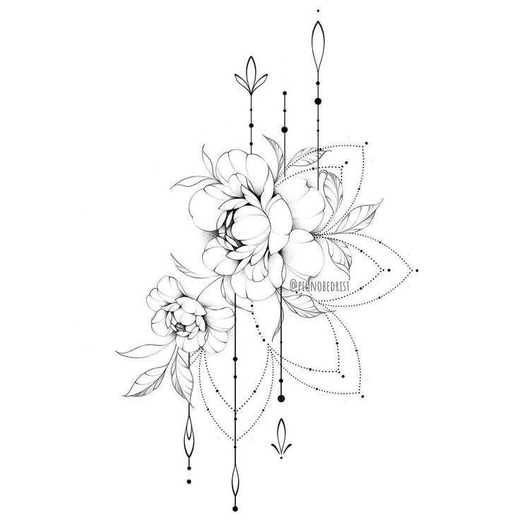 a black and white drawing of flowers with arrows