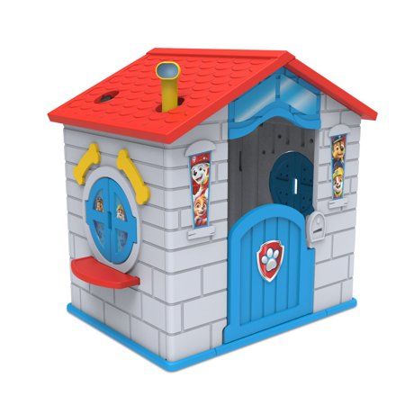 a small toy house with a red roof and blue doors on the front door is an entrance to a cartoon character's bedroom