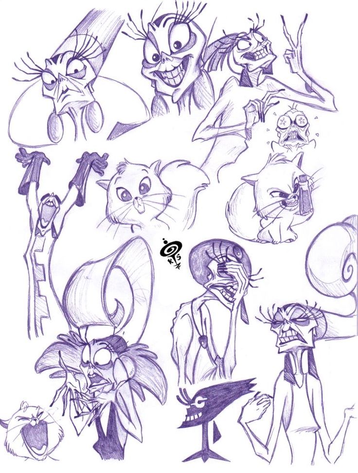 various cartoon characters drawn in pencil