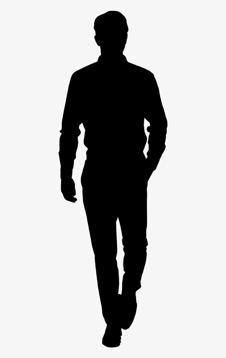 the silhouette of a man walking on a white background with his hands in his pockets