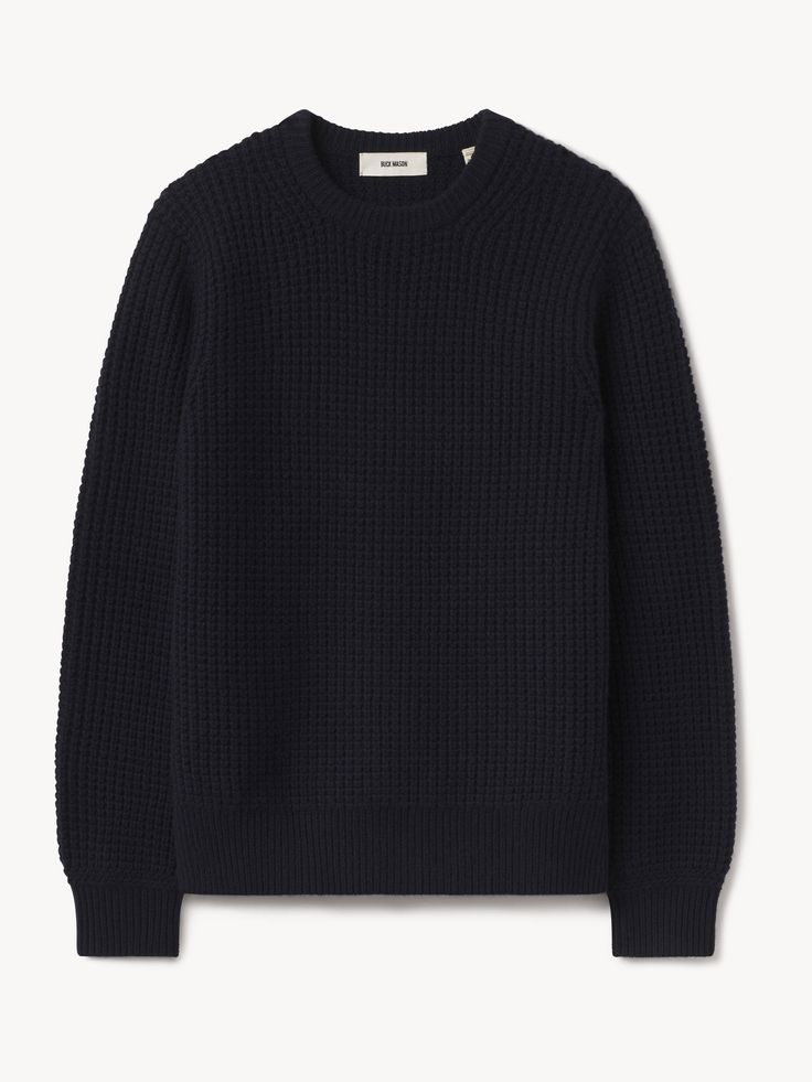 Classic crewneck knit from 5 gauge wool: a chunky, substantial yarn that’s soft to the touch. | Buck Mason Men's Herdsman Crewneck Sweater in Dark Navy, Size Small Buck Mason, Henley Sweater, Men's Sweaters, Raw Denim, Men's Knit, Shoes With Jeans, Suit Shop, Pair Of Pants, Navy Color