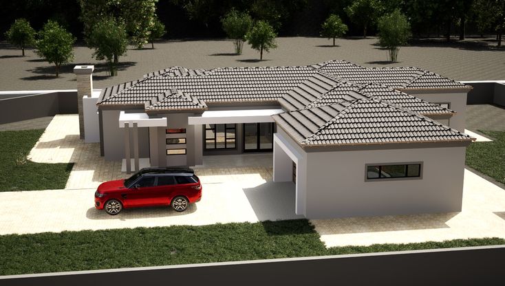 a red car is parked in front of a house with white and gray roof tiles