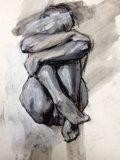 a drawing of a person sitting on top of a wooden bench with their arms around each other