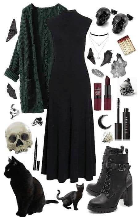 All Black Witch Outfit, Green Witch Outfit Modern, Witch Fashion Modern, Witchy Aesthetic Clothing, Witchy Look Outfit, Witchy Everyday Outfits, Witch Outfit Modern Aesthetic, Witches Of East End Outfits, Halloween Work Outfit Ideas