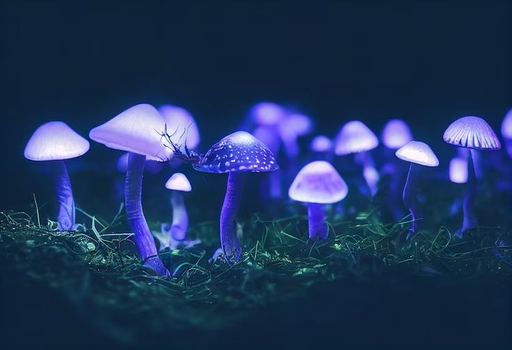 a group of mushrooms that are glowing in the dark night sky, with moss growing on them