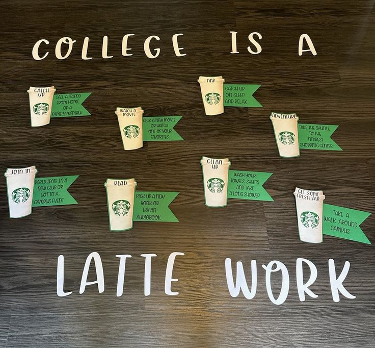 coffee cups are arranged on top of each other with green arrows pointing to the words college is a latte work