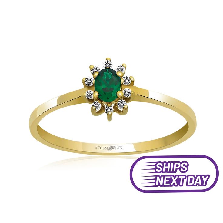 "Yellow gold, white diamond and emerald Material: Solid Gold (not gold plated or gold filled) Available Gold Color: Yellow gold, rose gold and white gold Karat: 14 K (585) Diamond weight: 0.05 ct Emerald weight: 0.05 ct Gold grams: 1.40 gr Diamond color: F-G Color Made to order Attention Next day shipping is for a yellow gold ring. Please let us know your US ring size in the \"add your personalization\" section. I design my products with modernity and elegance suitable for daily use and special Green Cluster Ring With Diamond Accents For Gift, Green Cluster Ring With Diamond Accents As Gift, Gold Cluster Ring For May Birthstone Gift, Gold Cluster Ring For May Birthstone, Gold Rings With Diamond Accents For May Birthstone, Oval Emerald Ring With Diamond Accents For Gift, Emerald Rings, Gold Necklace Women, Gold Gift